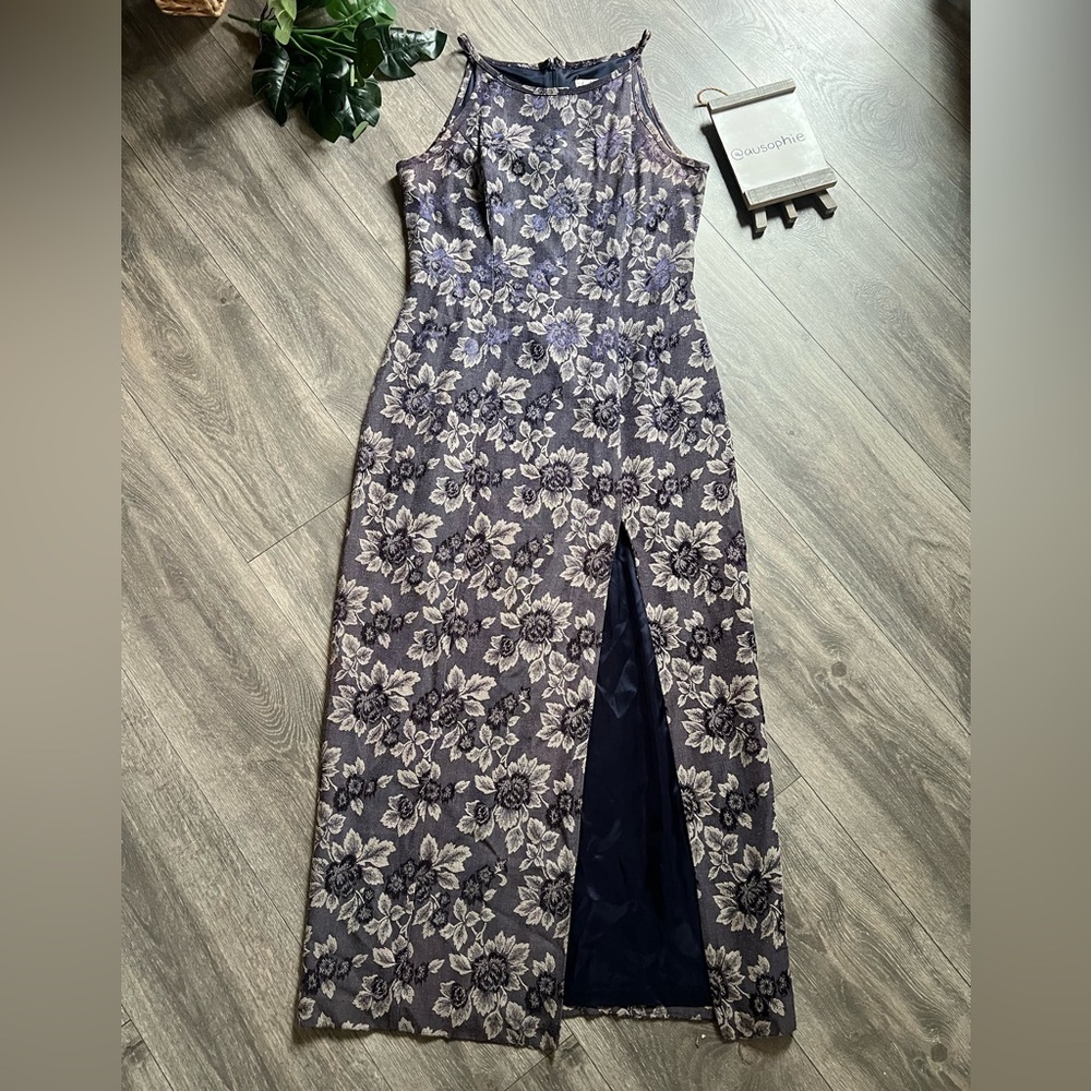 CDC Caren Desiree Company 90s VTG Shiny Jacquard Floral Tapestry Halter Dress 8